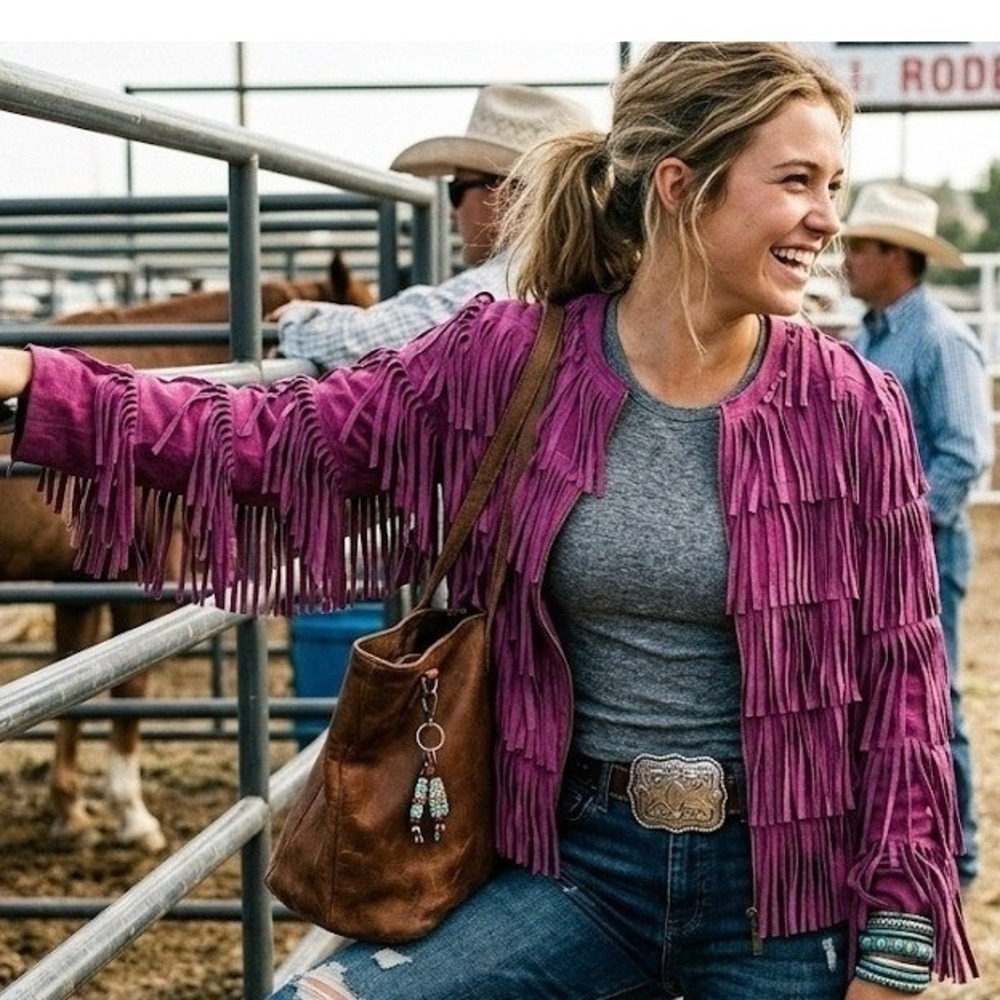 L Purple Suede Fringe Jacket Womens Boho Western Cowgirl Leather